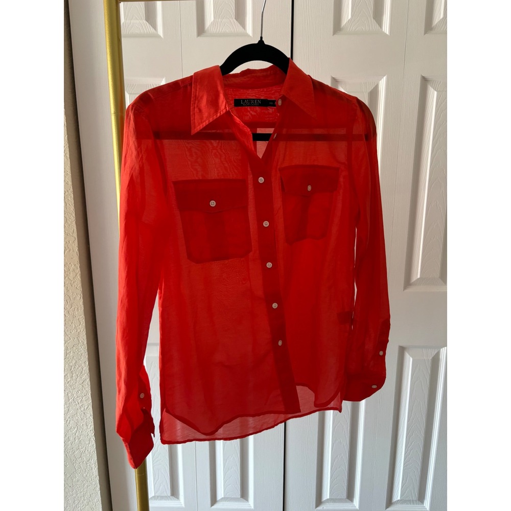 Lauren Ralph Lauren Orange Cotton Silk Sheer Button Down Blouse Shirt XS